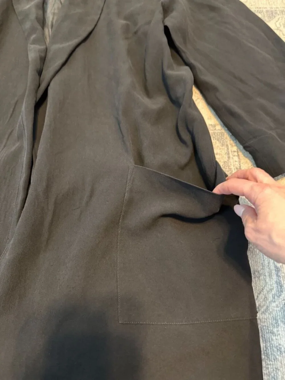 Eileen Fisher 100% Silk Long Open Elbow Sleeve Black Jacket Medium Quiet Luxury